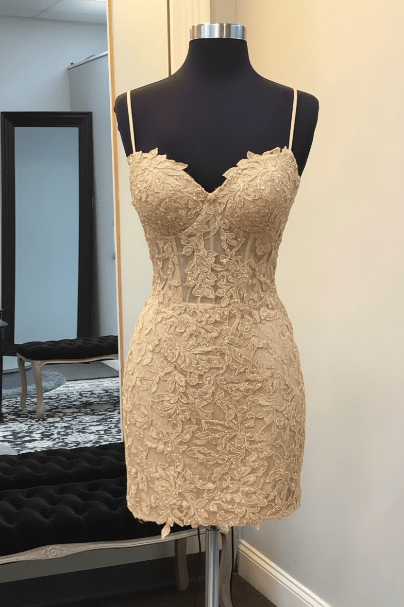 Black Spaghetti Straps Bodycon Corset Short Homecoming Dress with Appliques