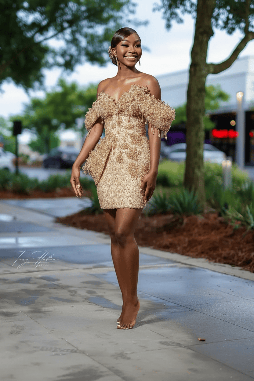 Burnt Orange Off-Shoulder Sequin Beaded Mini Homecoming Dress | Short Party Dress HC053