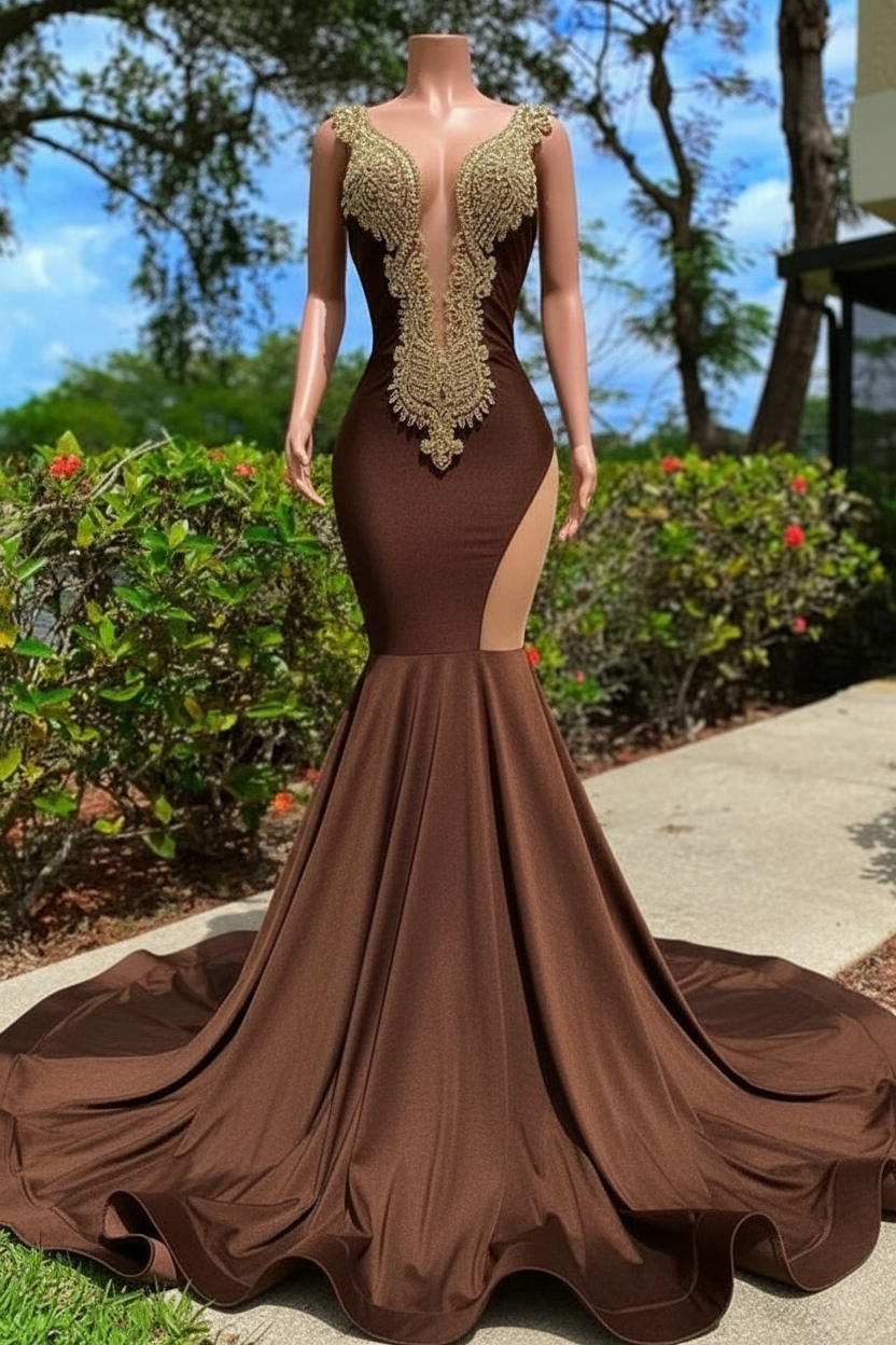 LLELLA Orange Long Sleeves Prom Dress Mermaid With Beads