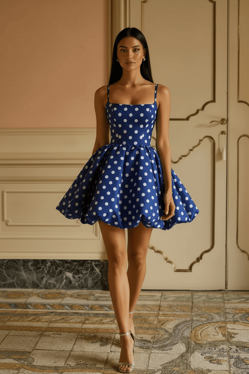 Black White Polka Dot Spaghetti Strap Open Back Short Homecoming Dress