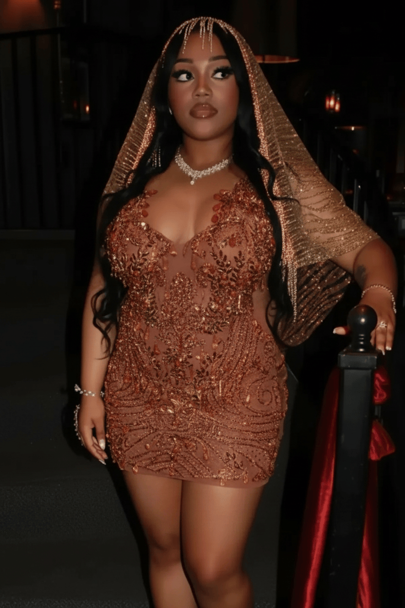Gold Sequin Beaded Sheer Mini Homecoming Dress with Crystal Fringe Sleeves | Short Party Dress HC060