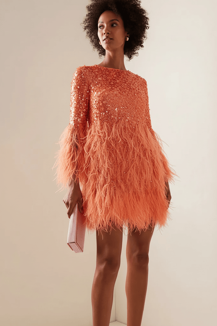 Champagne Feather Sequin Beaded Long Sleeve Mini Party Dress | Homecoming Dress HC043