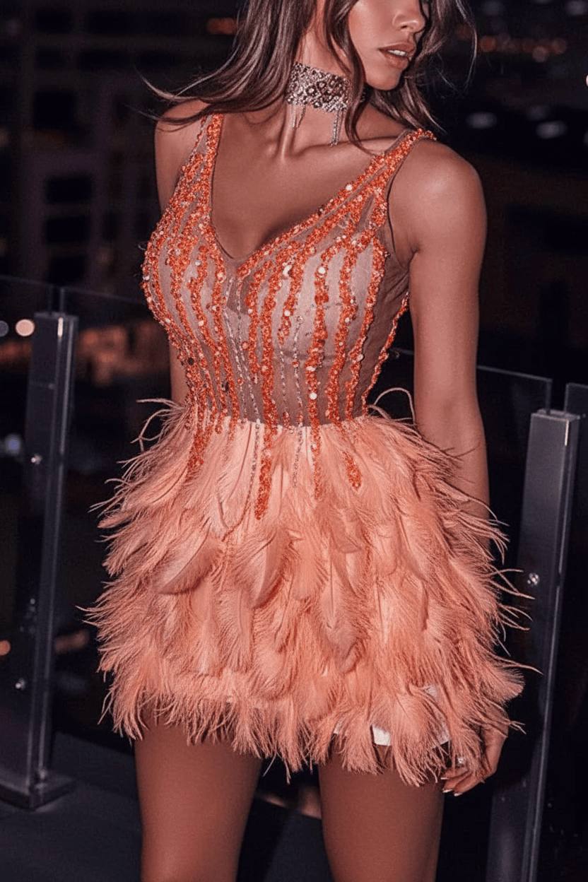 White Feather Crystal Beaded Mini Party Dress | Homecoming Dress HC042