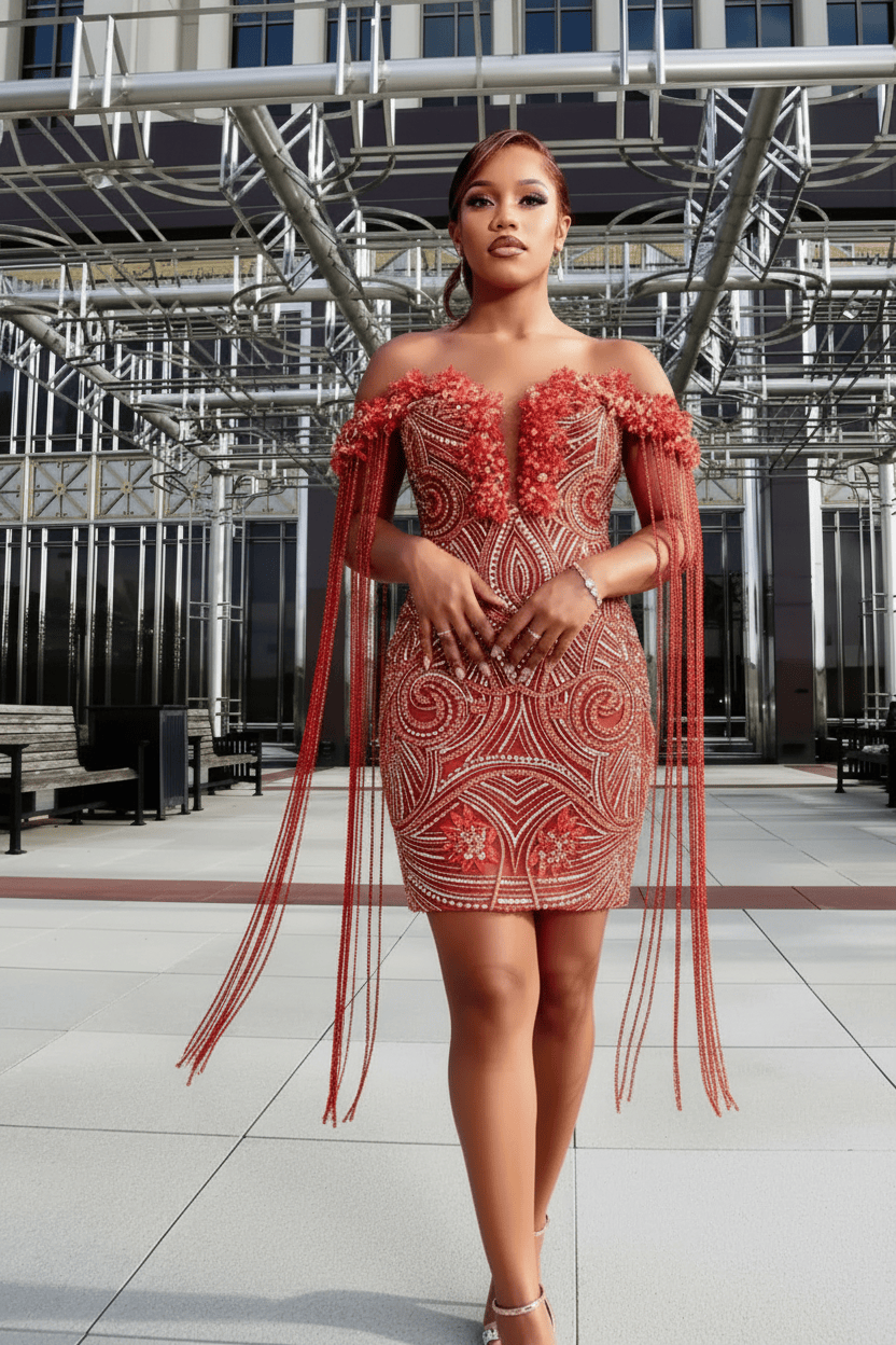 Champagne Gold Art Deco Crystal Beaded Off-Shoulder Mini Homecoming Dress with Crystal Fringe | Short Party Dress HC055