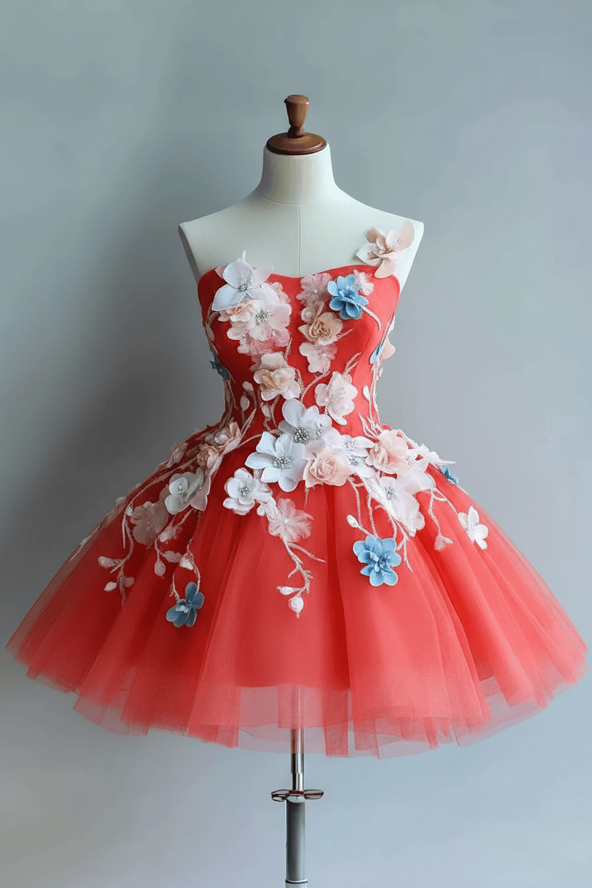 Strapless Tulle Flowers Homecoming Dress