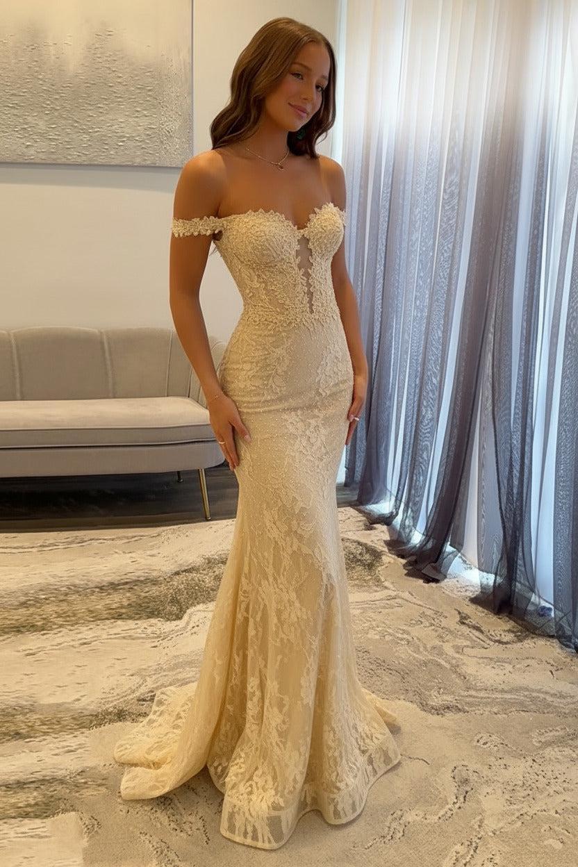 Navy Prom Dress Off The Shoulder Mermaid Long Lace Formal Dress-LLELLA