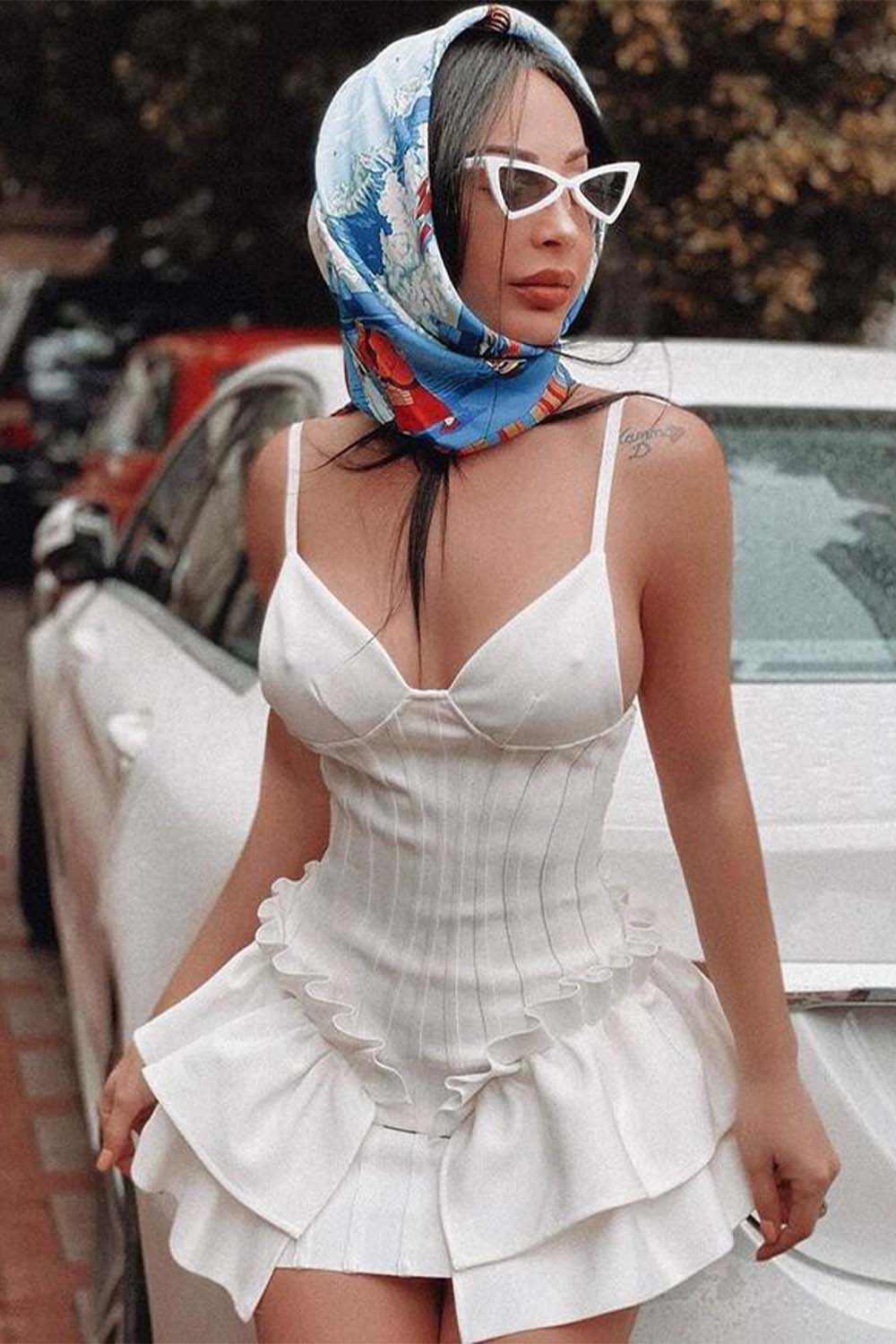 White Mini Dress with Ruffle-LLELLA