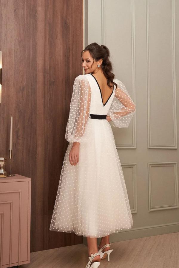 LLELLA Long Sleeves Tulle Wedding Dress V-Neck Tea Length-LLELLA