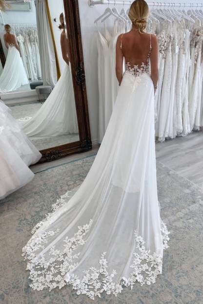 LLELLA Spaghetti-Straps Open Back Wedding Dress Sleeveless With Appliques-LLELLA