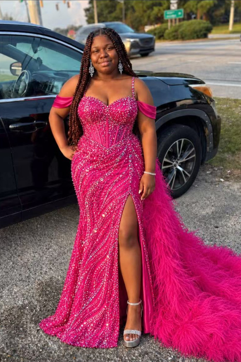 Hot Pink Sequin Beaded Off-Shoulder Feather Mermaid Prom Dress
