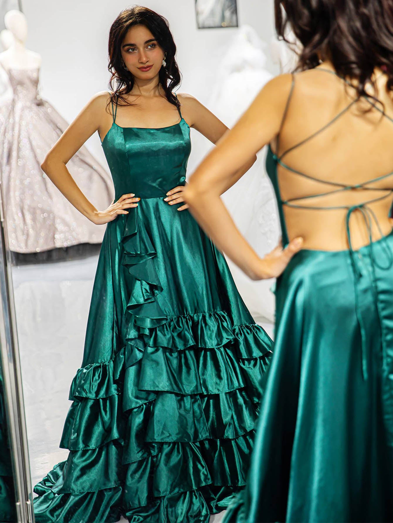 Dark Green Ruffle Prom Dress-LLELLA