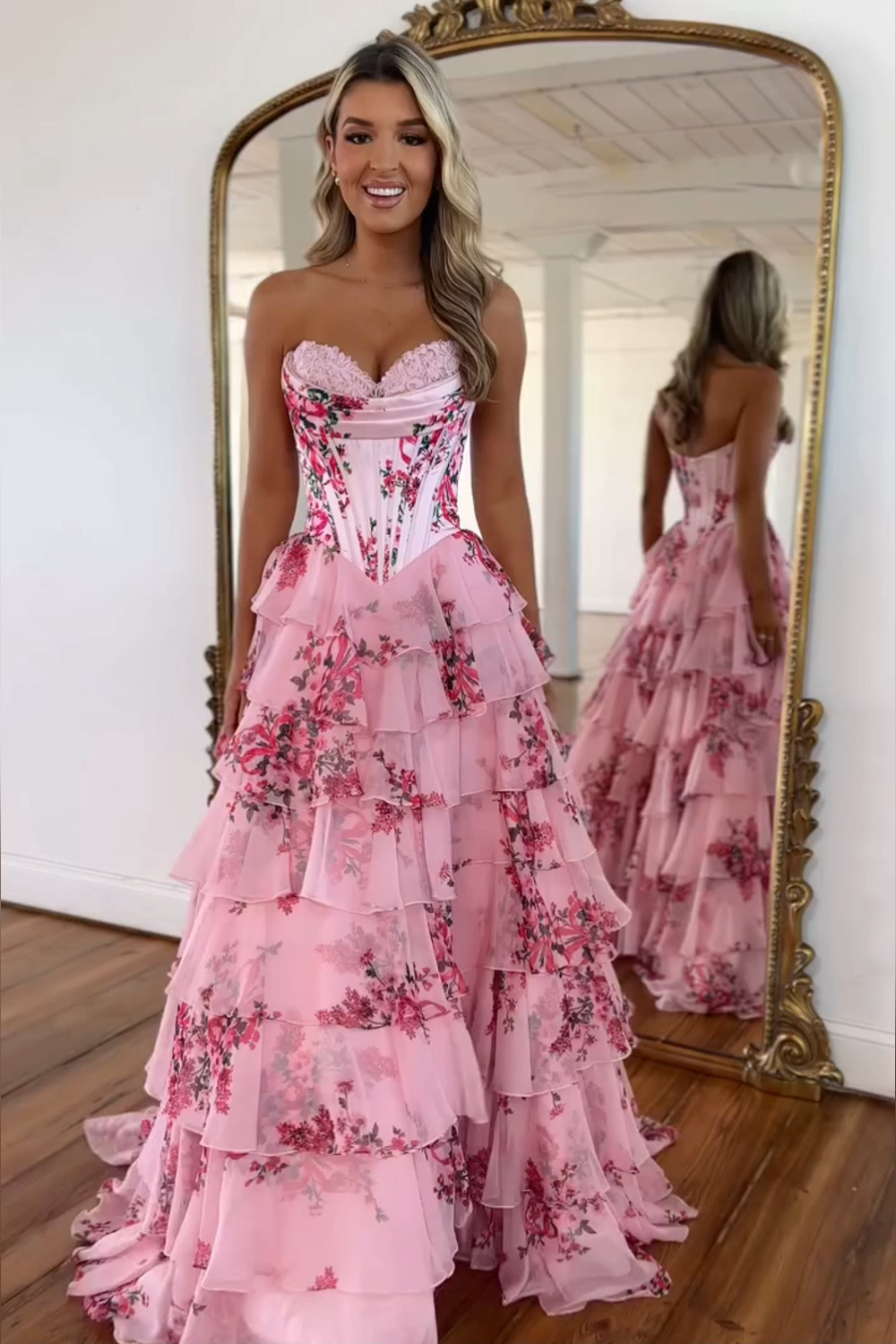 Blush Sweetheart A-Line Chiffon Floral Ruffled Long Corset Prom Dress with Slit