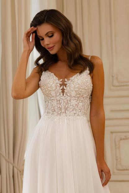 Elegant A-Line V-Neck Spaghetti Straps Lace Chiffon Wedding Dresses-LLELLA