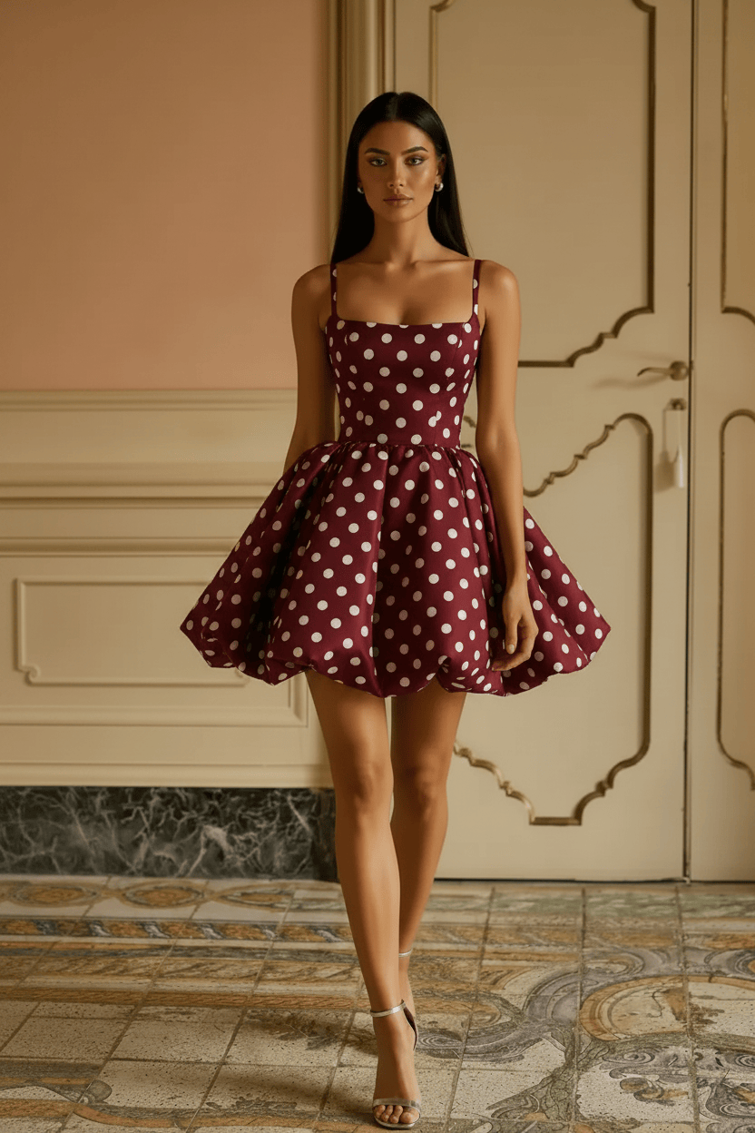 Black White Polka Dot Spaghetti Strap Open Back Short Homecoming Dress