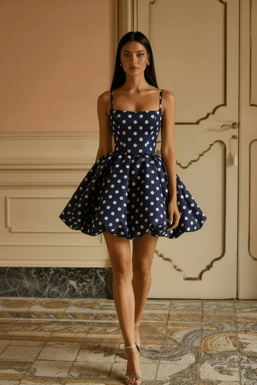 Black White Polka Dot Spaghetti Strap Open Back Short Homecoming Dress