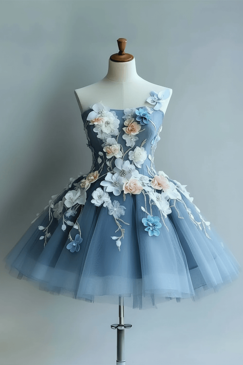 Strapless Tulle Flowers Homecoming Dress