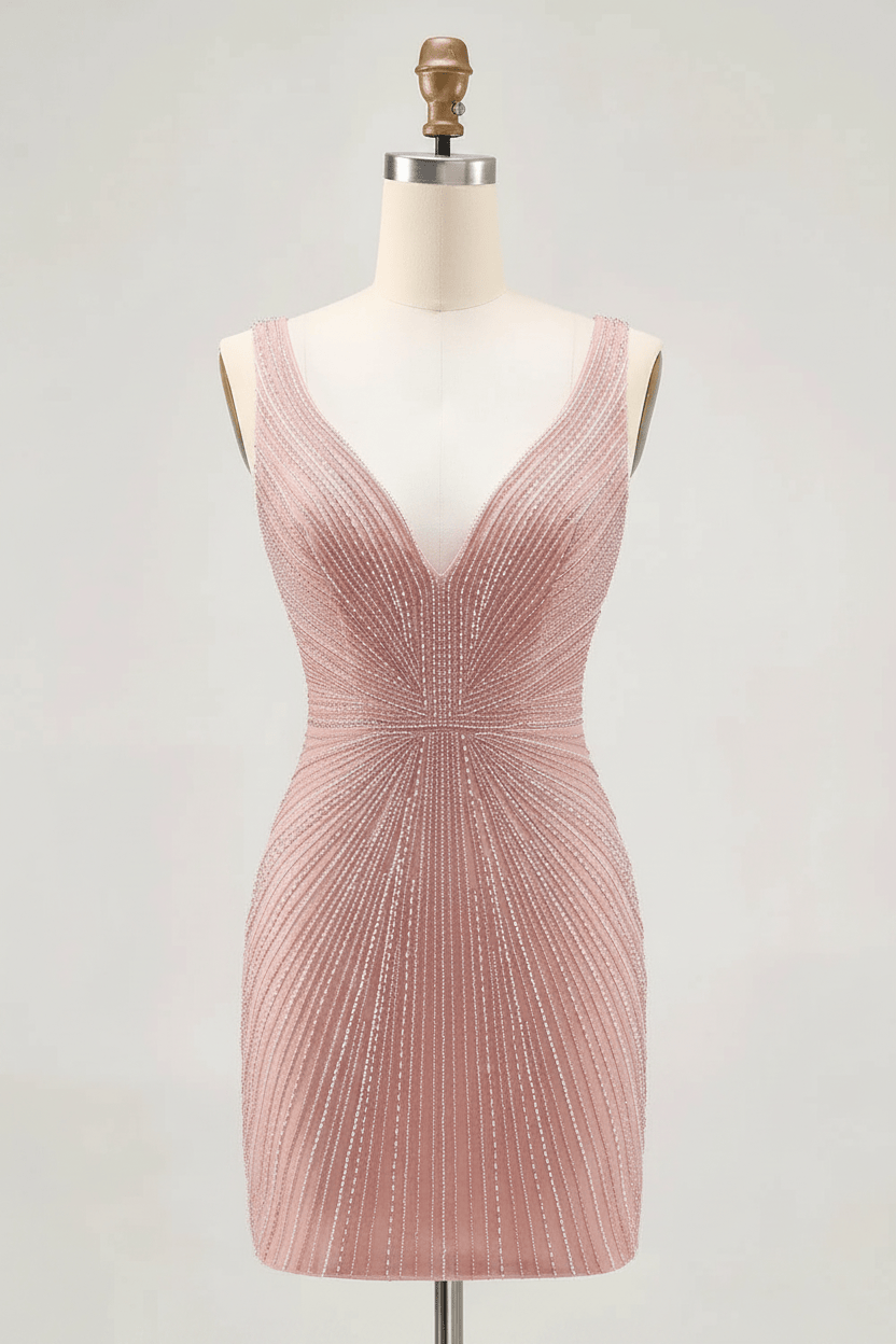 Sparkly Fuchsia V-Neck Tight Short Homecoming Dress with Beading