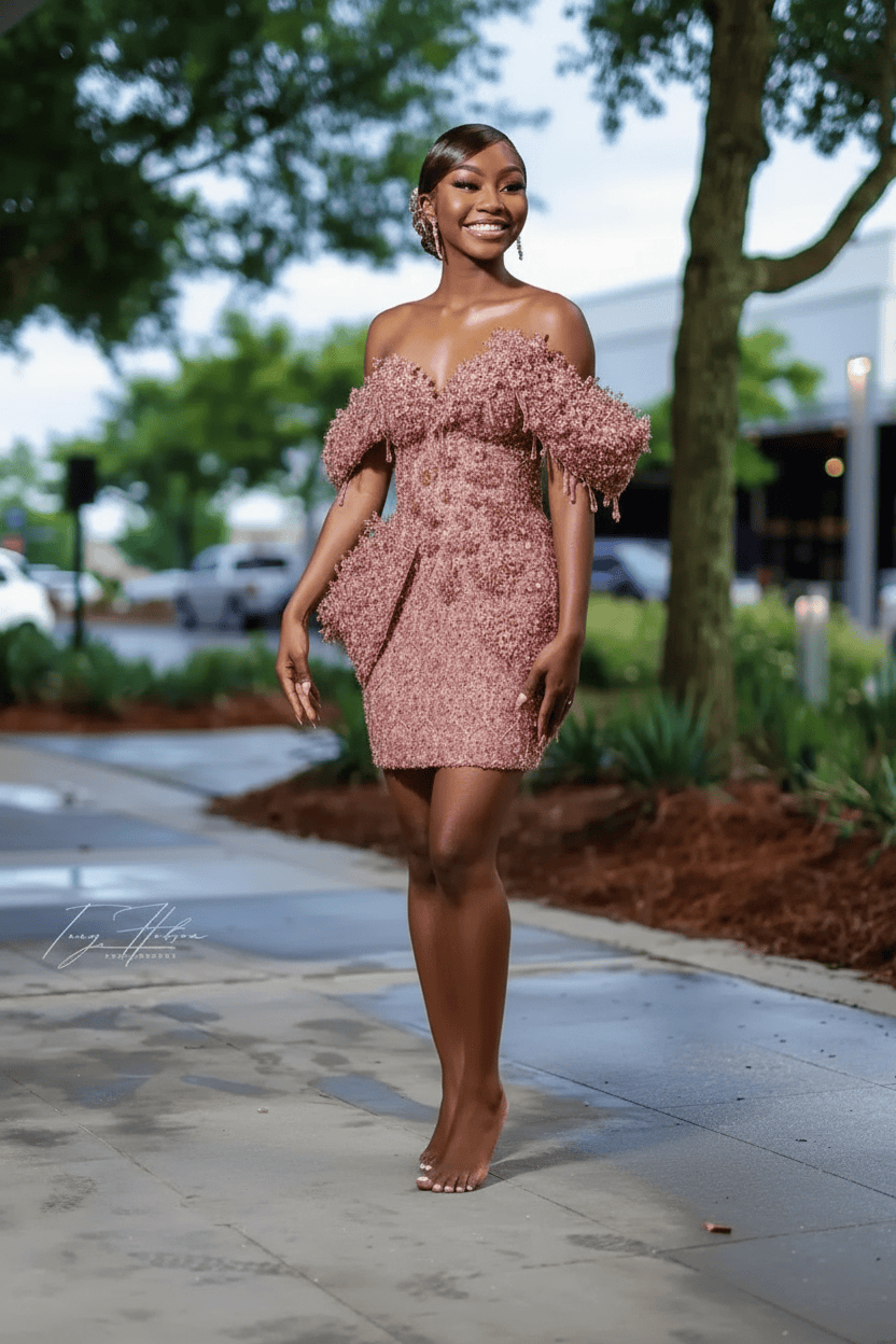 Burnt Orange Off-Shoulder Sequin Beaded Mini Homecoming Dress | Short Party Dress HC053