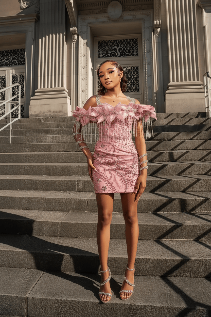 Electric Tangerine Off-Shoulder Crystal Fringe Short Homecoming Dress with 3D Floral Details