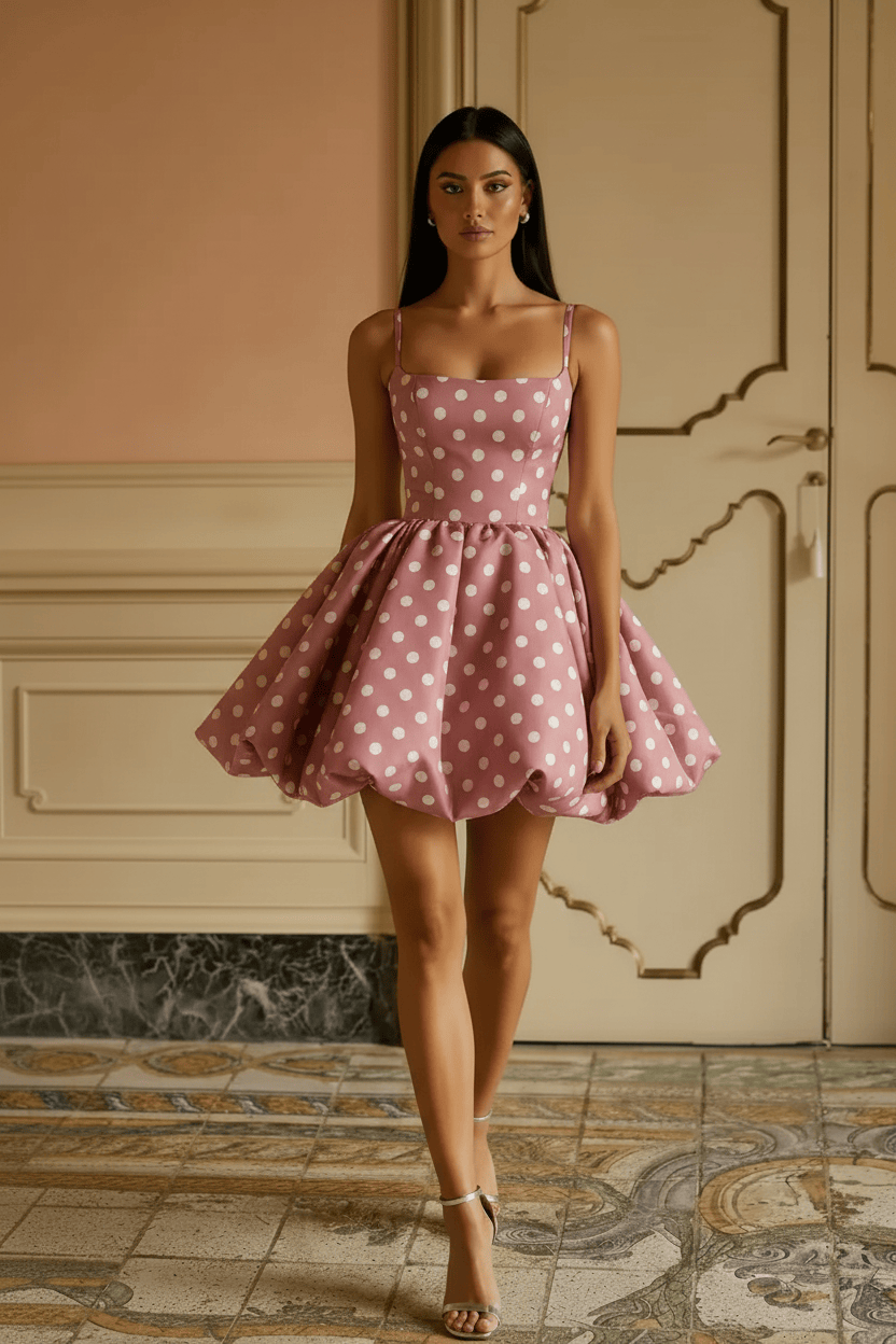 Black White Polka Dot Spaghetti Strap Open Back Short Homecoming Dress