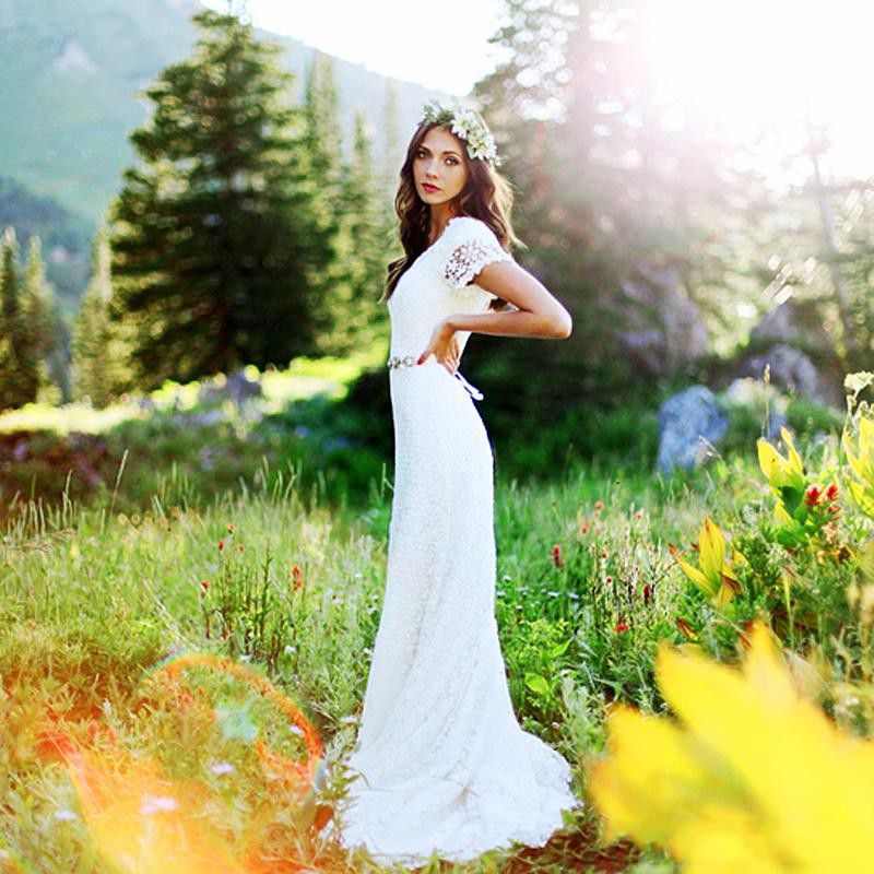 LLELLA Short Sleeves Lace Boho Wedding Dress On Sale-LLELLA
