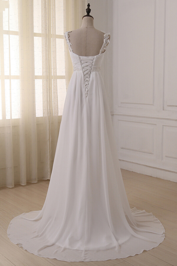 LLELLA Stylish Straps V-neck Chiffon Wedding Dress A-line White Appliques Bridal Gowns On Sale-LLELLA