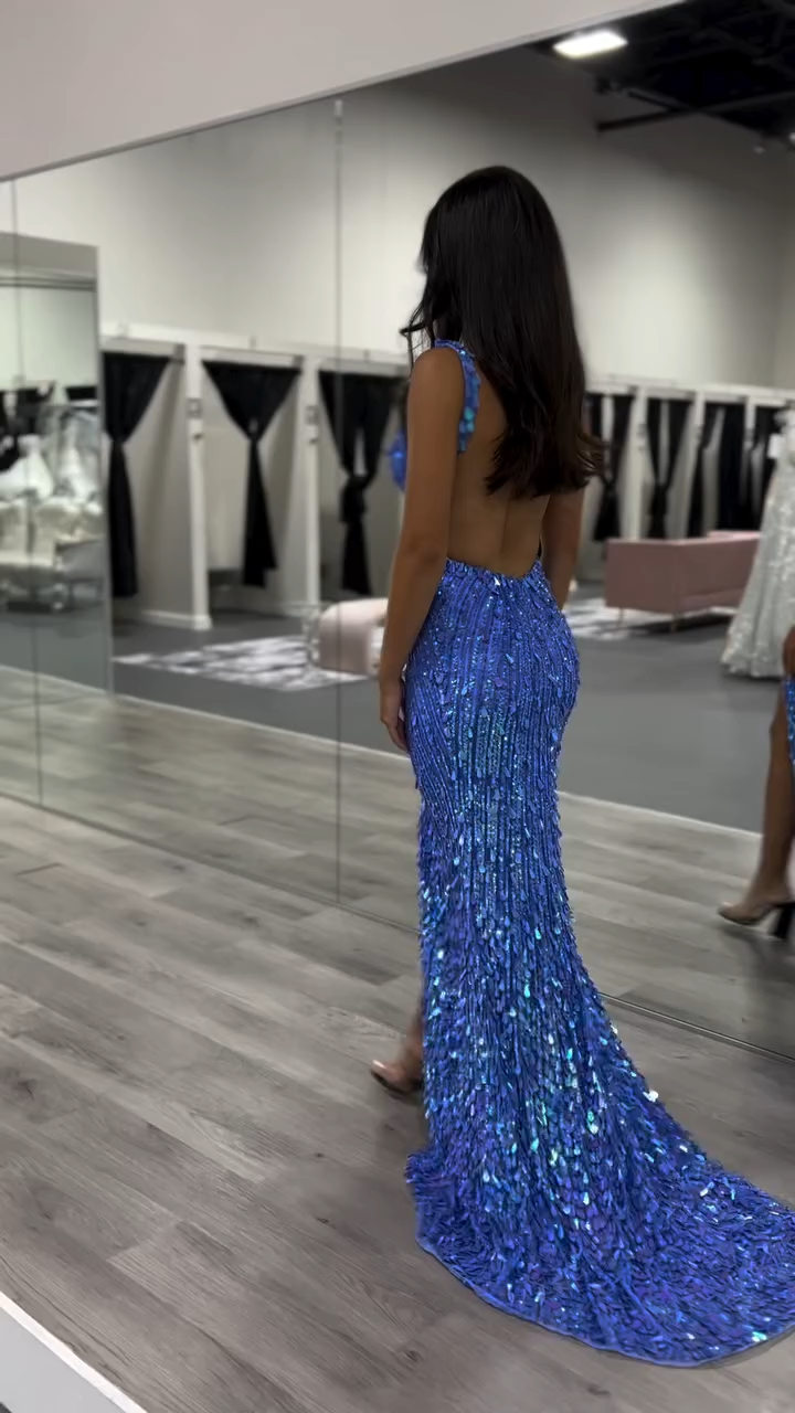 Sparkly Gold Fully Beaded Prom Dress with Deep V Neck Slit and Open Back