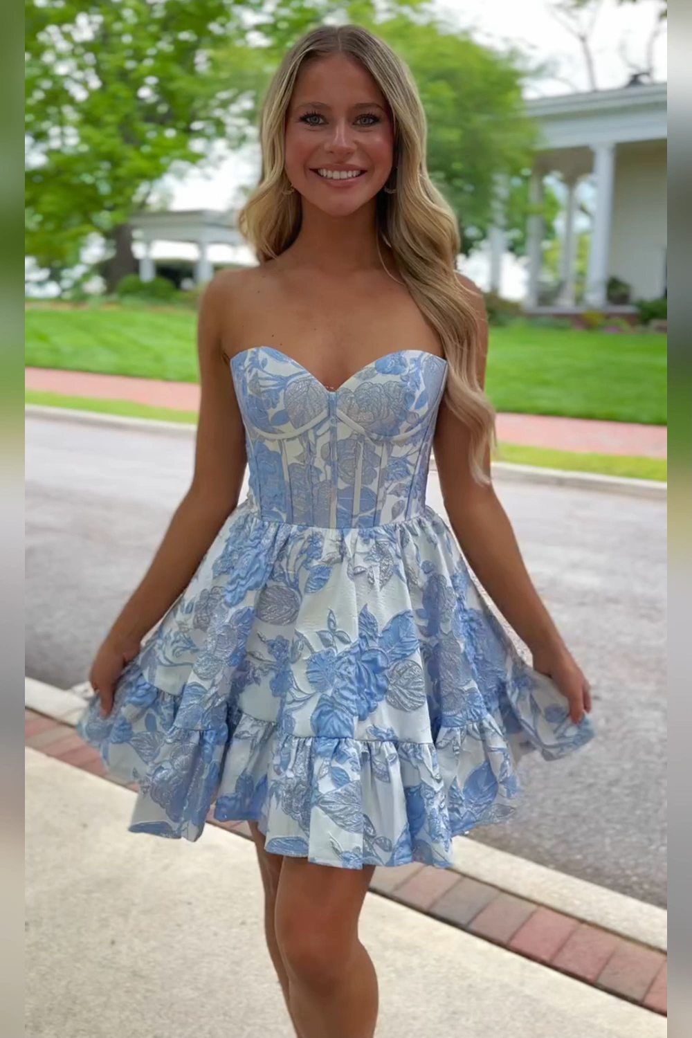Blue Strapless Floral A-Line Printed Corset Short Homecoming Dress with Ruffles