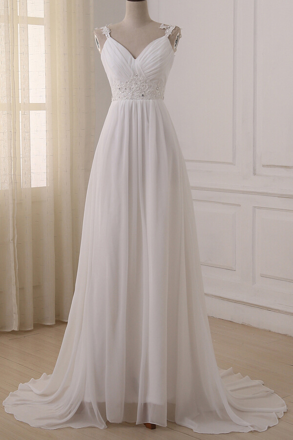 LLELLA Stylish Straps V-neck Chiffon Wedding Dress A-line White Appliques Bridal Gowns On Sale-LLELLA