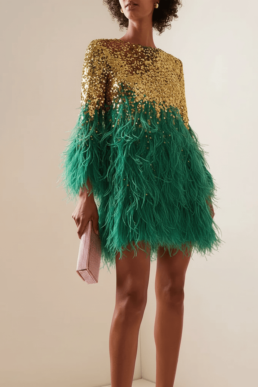 Champagne Feather Sequin Beaded Long Sleeve Mini Party Dress | Homecoming Dress HC043