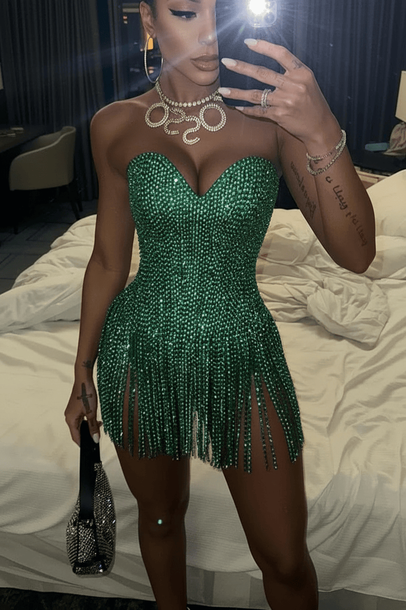 Rhinestone Fringe Strapless Mini Party Dress | Homecoming Mini Dress