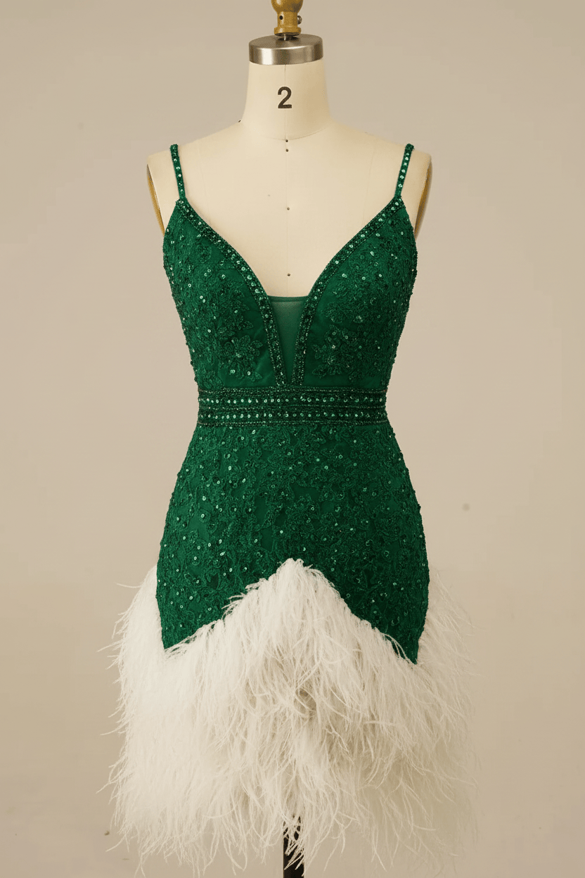 Sparkly White Lace Tight Short Floral Homecoming Dress with Feather