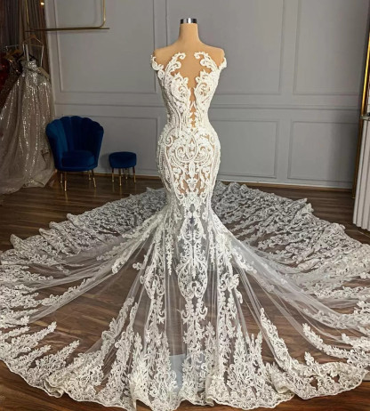 LLELLA Cap Sleeves Lace Wedding Dress Mermaid Long On Sale-LLELLA