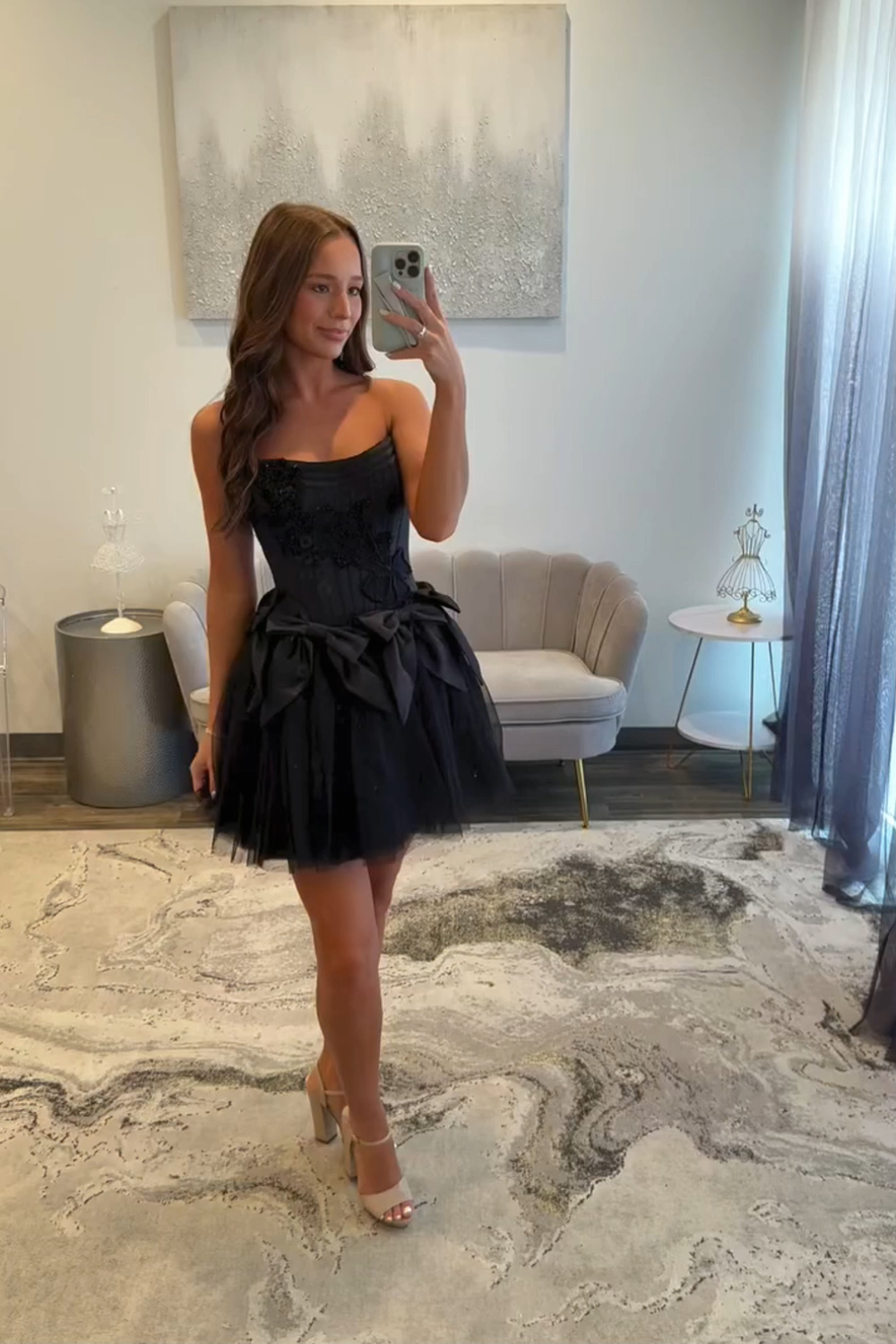 Black Tulle Strapless A Line Short Corset Homecoming Dress with Bows