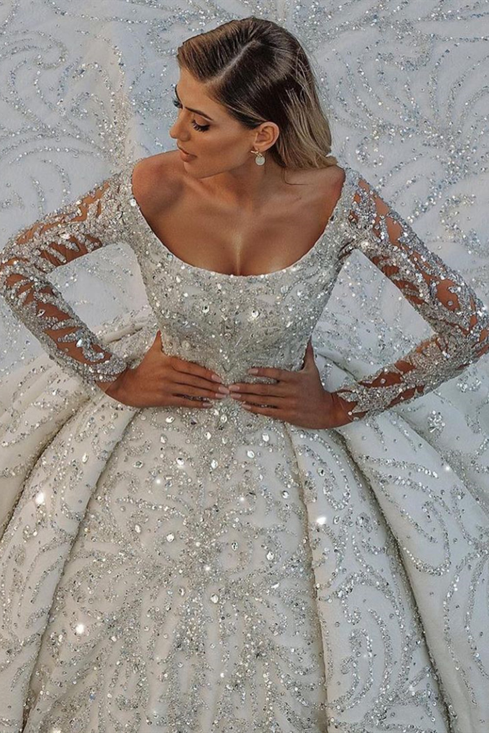 LLELLA Long Sleeve Ball Gown Wedding Dress With Beads-LLELLA