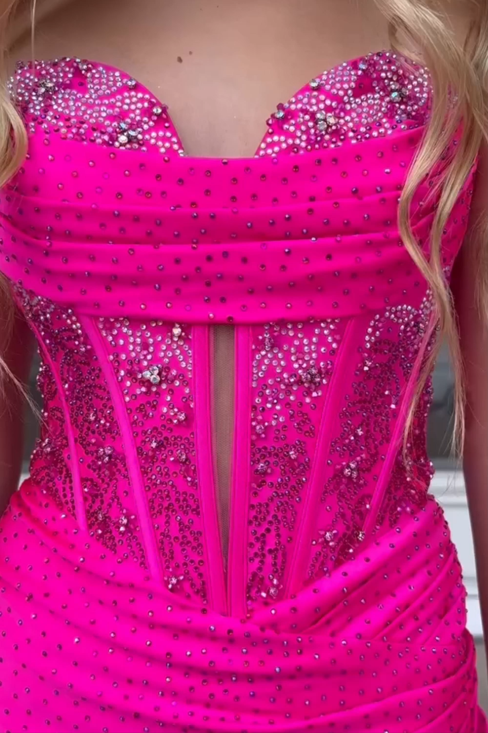 Fuchsia Strapless Ruched Corset Short Homecoming Dress with Beading