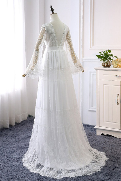 LLELLA Chic Empire Lace Tulle Wedding Dress Long Sleeves V-Neck Appliques Bridal Gowns On Sale-LLELLA