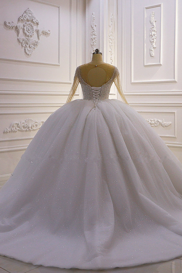 LLELLA Sparkly Ball Gown Tulle Wedding Dress Jewel Sequined Beadings Long Sleeves Bridal Gowns On Sale-LLELLA