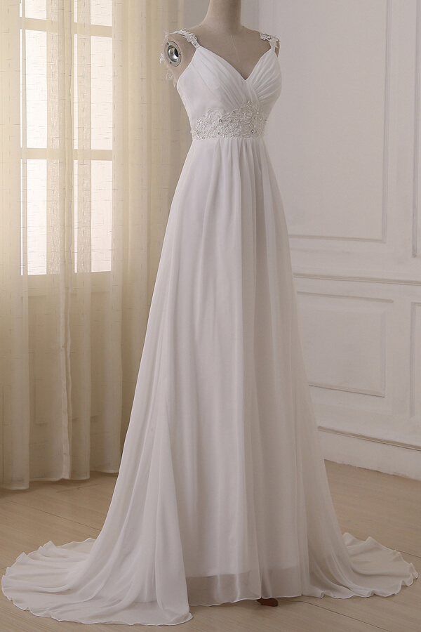 LLELLA Stylish Straps V-neck Chiffon Wedding Dress A-line White Appliques Bridal Gowns On Sale-LLELLA