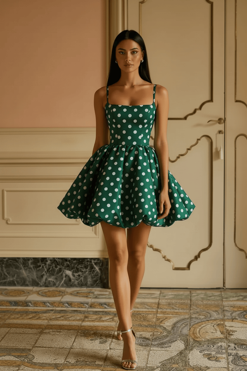 Black White Polka Dot Spaghetti Strap Open Back Short Homecoming Dress