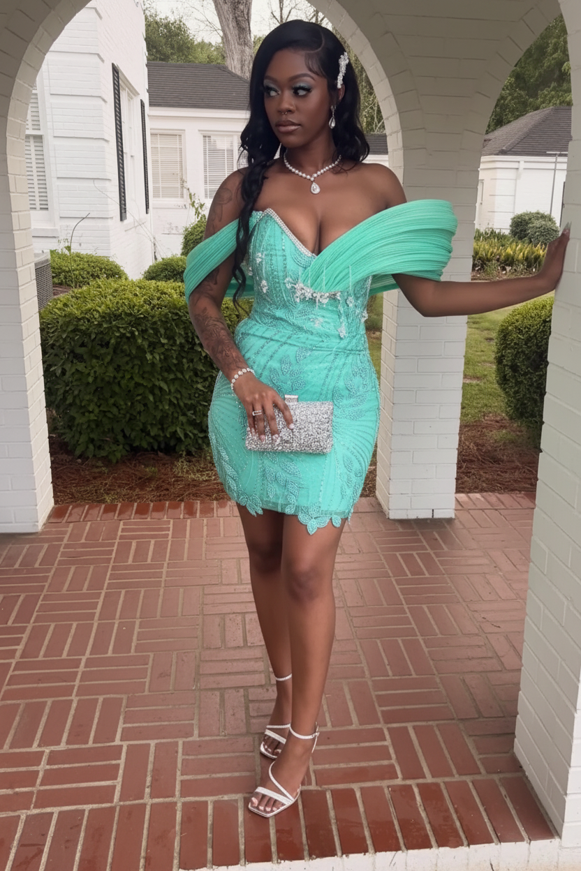 Emerald sequin mini party dress front view
