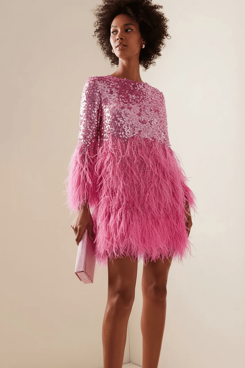 Champagne Feather Sequin Beaded Long Sleeve Mini Party Dress | Homecoming Dress HC043