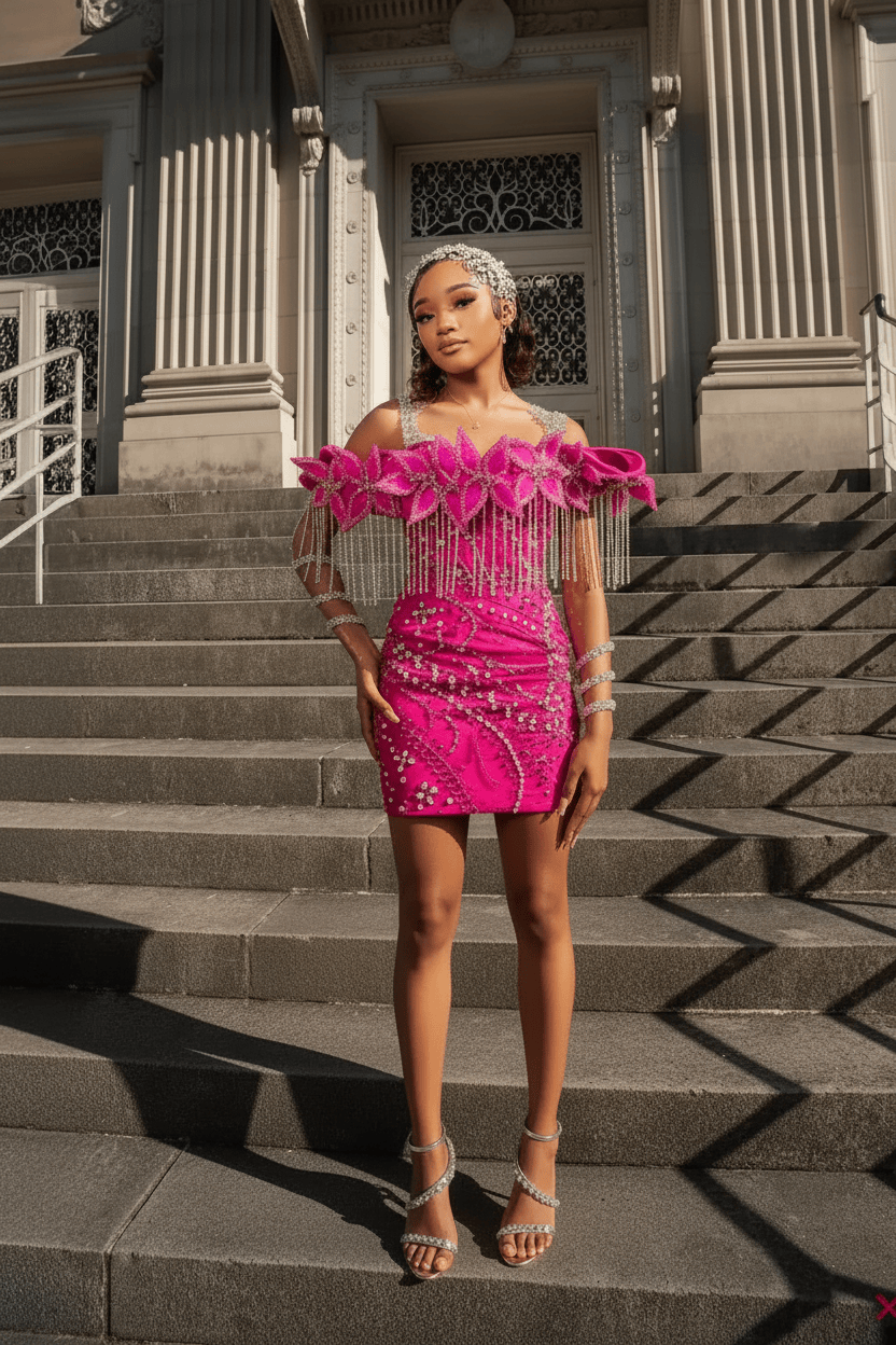 Electric Tangerine Off-Shoulder Crystal Fringe Short Homecoming Dress with 3D Floral Details