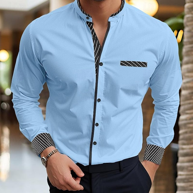 Men's Casual Cotton Blend Long Sleeves Stripes Shirt Blue