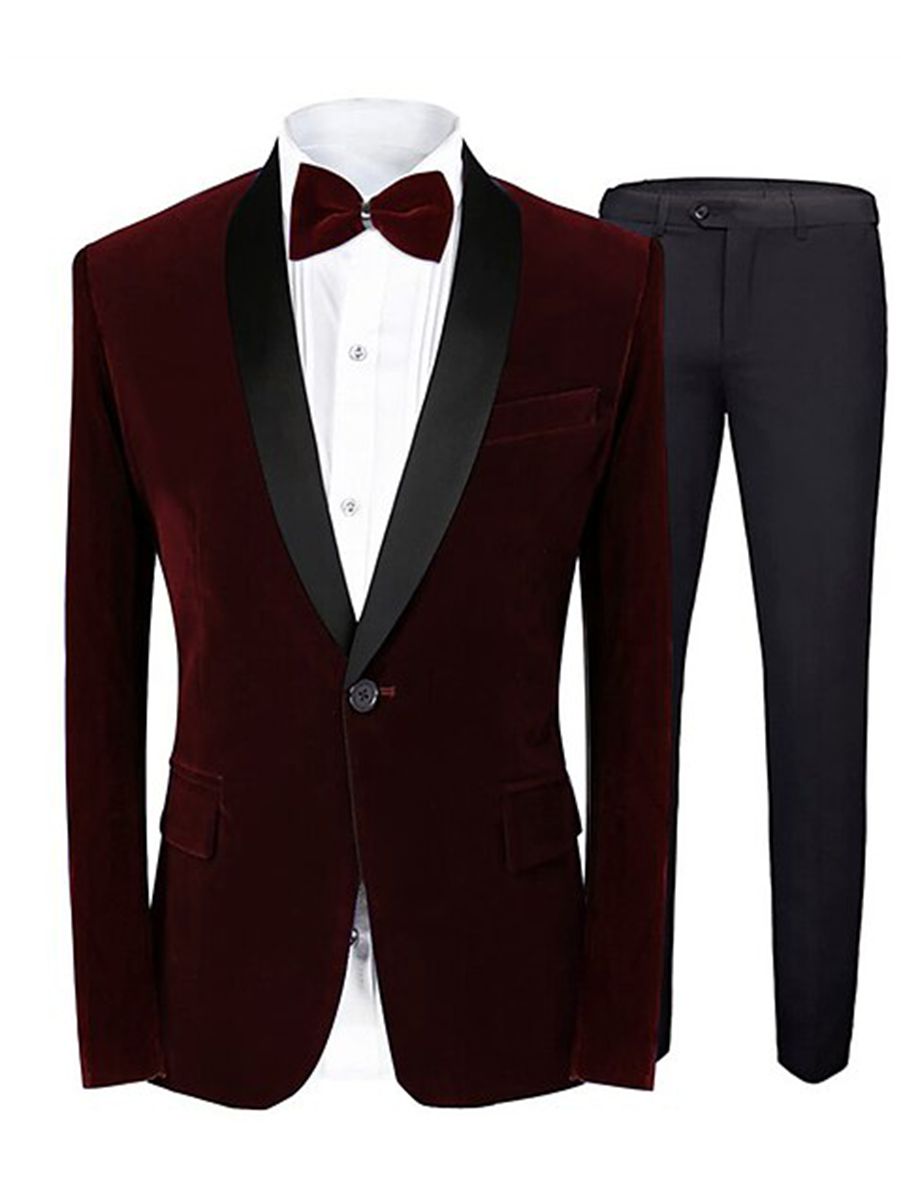 Green Blue Burgundy Men's Velvet Regular Single Breasted One-Button Party Suits Jacket Burgundy