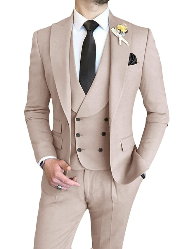 Men's Tailored Fit Single Breasted One-button 3 Pieces Wedding Suits Beige