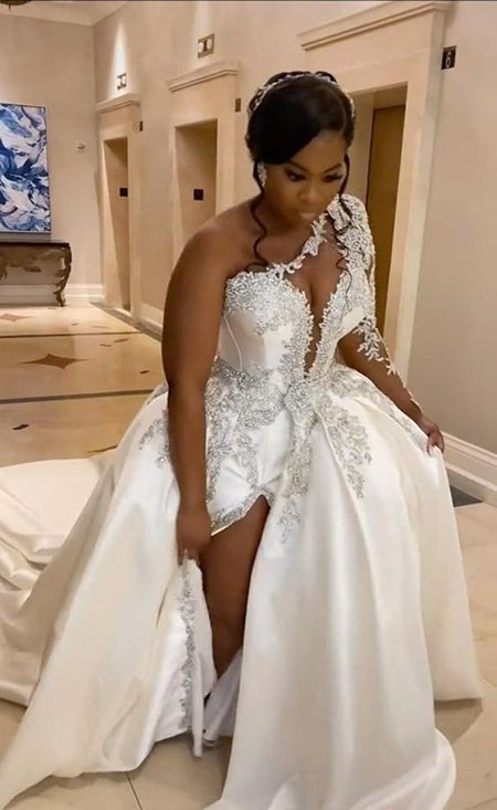Gorgeous Long A-line One Shoulder Beading Wedding Dress With Slit-LLELLA