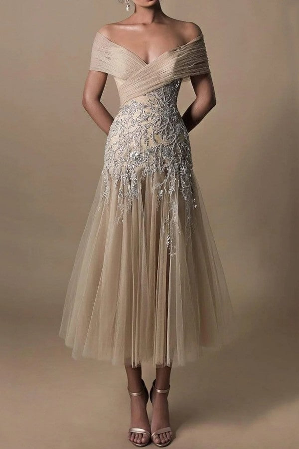Gorgeous Short A-line Off-the-shoulder Beading Prom Dresses Wedding Dresses With Lace-LLELLA
