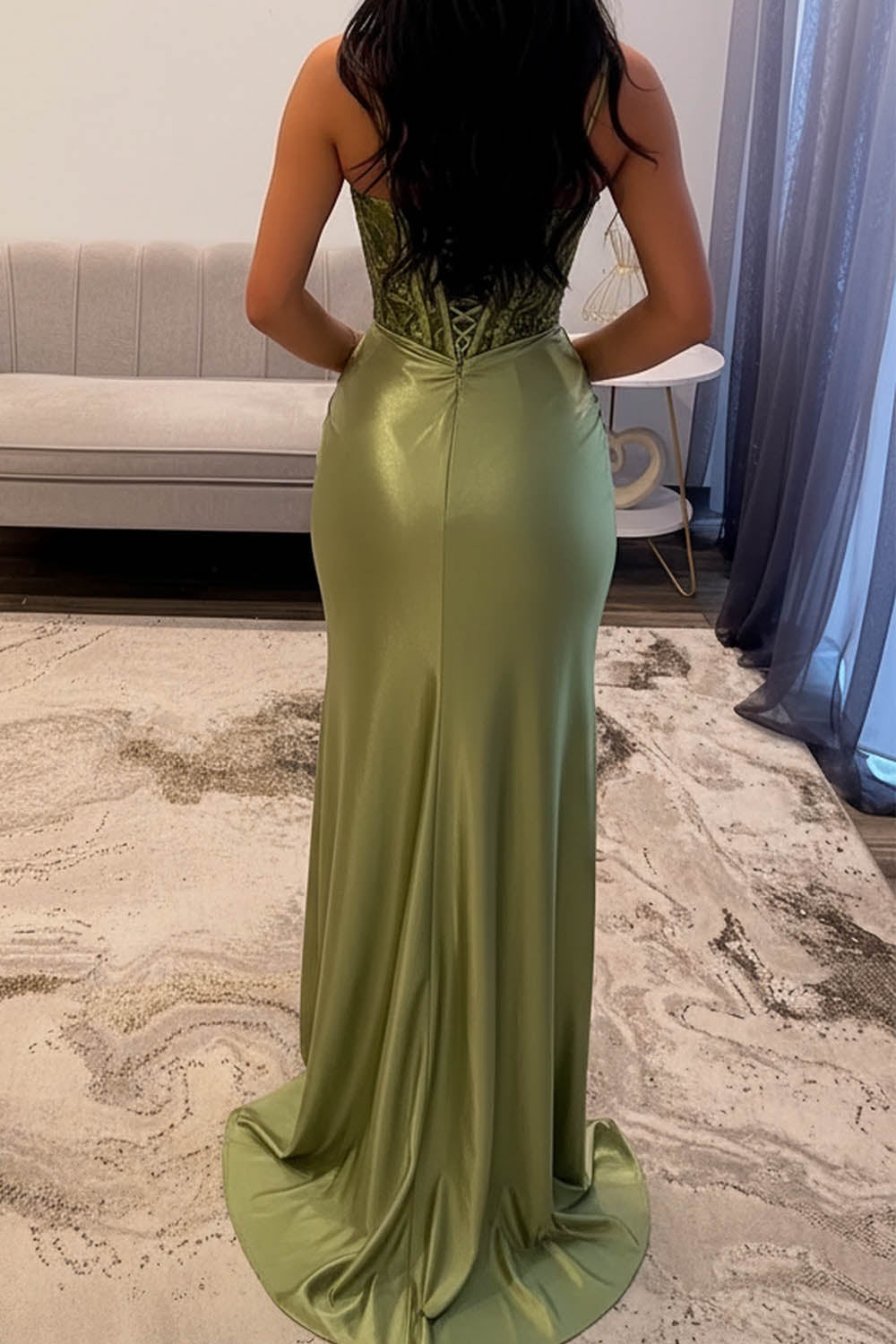Green Ruched Corset Bodice Prom Dress with Split-LLELLA