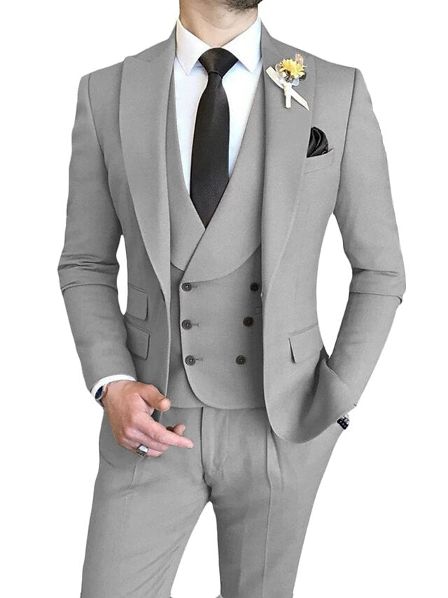 Men's Tailored Fit Single Breasted One-button 3 Pieces Wedding Suits Silver